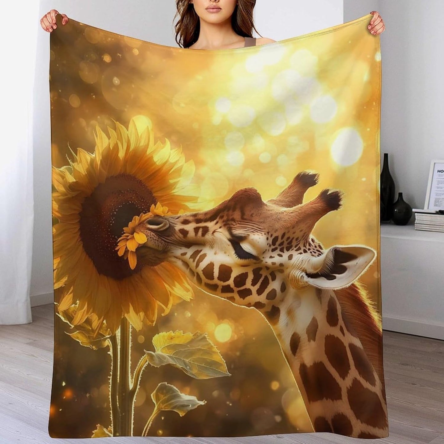 Giraffe and Flower Throw Blanket for Couch Bed Plush Cozy Fuzzy Flannel Blanket for All Season 50"x60"