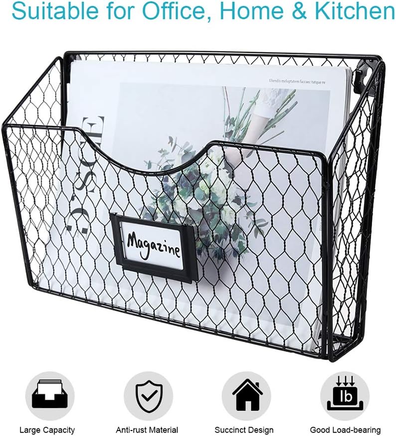 PAG 3 Pockets Hanging File Holder Wall Mount Mail Organizer Metal Chicken Wire Magazine Rack with Tag Slot, Black