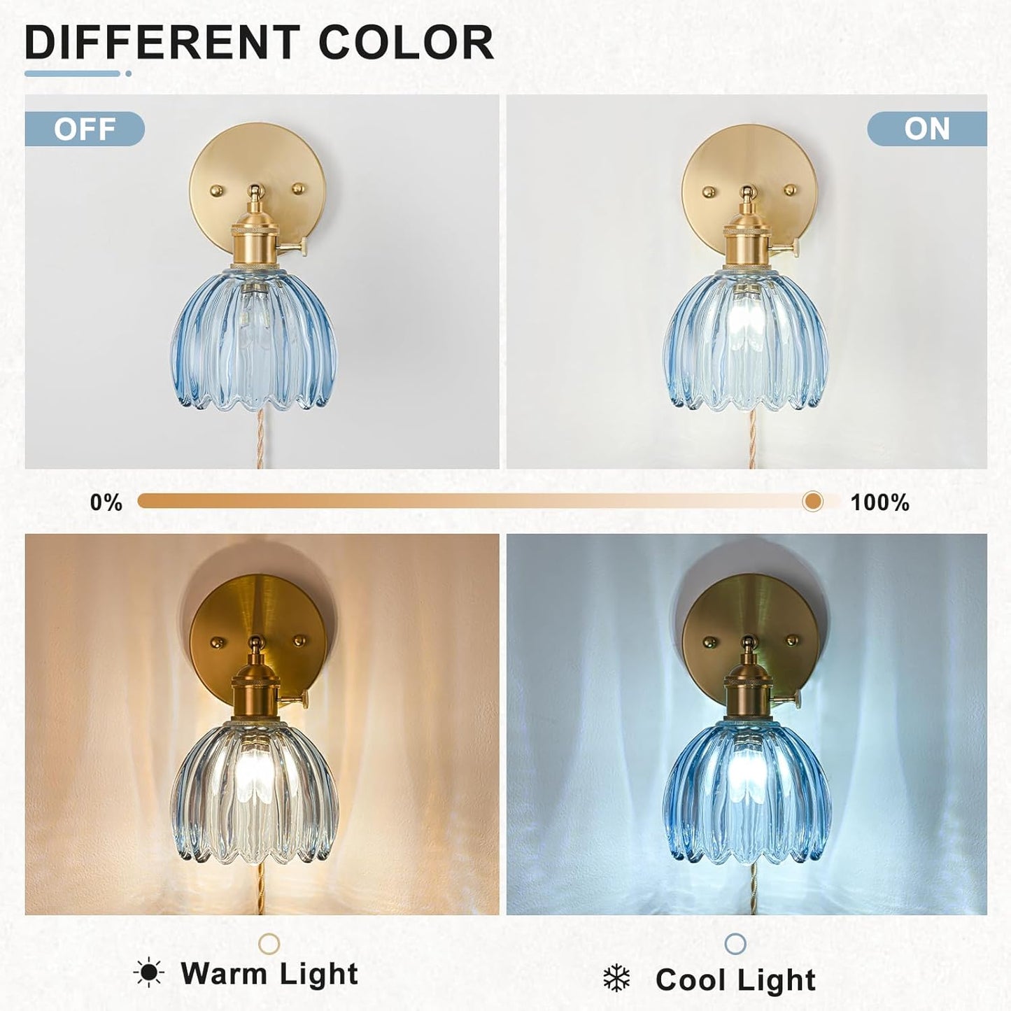 Plug in Wall Sconce, Vintage Sconce Light with Tulip Denim Blue Glass Lampshade, Bedside Wall Sconce with Switch and Plug in Wall Lamp Cord, Gold Wall Light for Bedroom