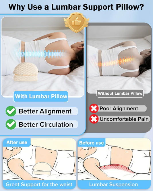 Lumbar Support Pillow for Bed Sleeping Couch, Relief Lower Back Pain, Waterproof Small Lumbar Pillow for Car, Recliner Cushions for Elderly, Memory Foam Office Chair Lower Back Support Cushion