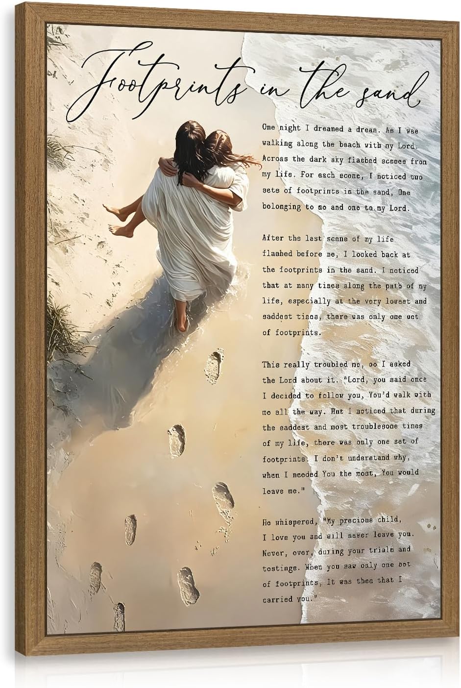 Clicyre Footprints in the Sand Christian Wall Art, Jesus Holding Child Canvas Print, Inspirational Bible Verse Poem Scripture Beach Artwork for Bedroom Prayer Room Church Wood Framed 16x24 Inch