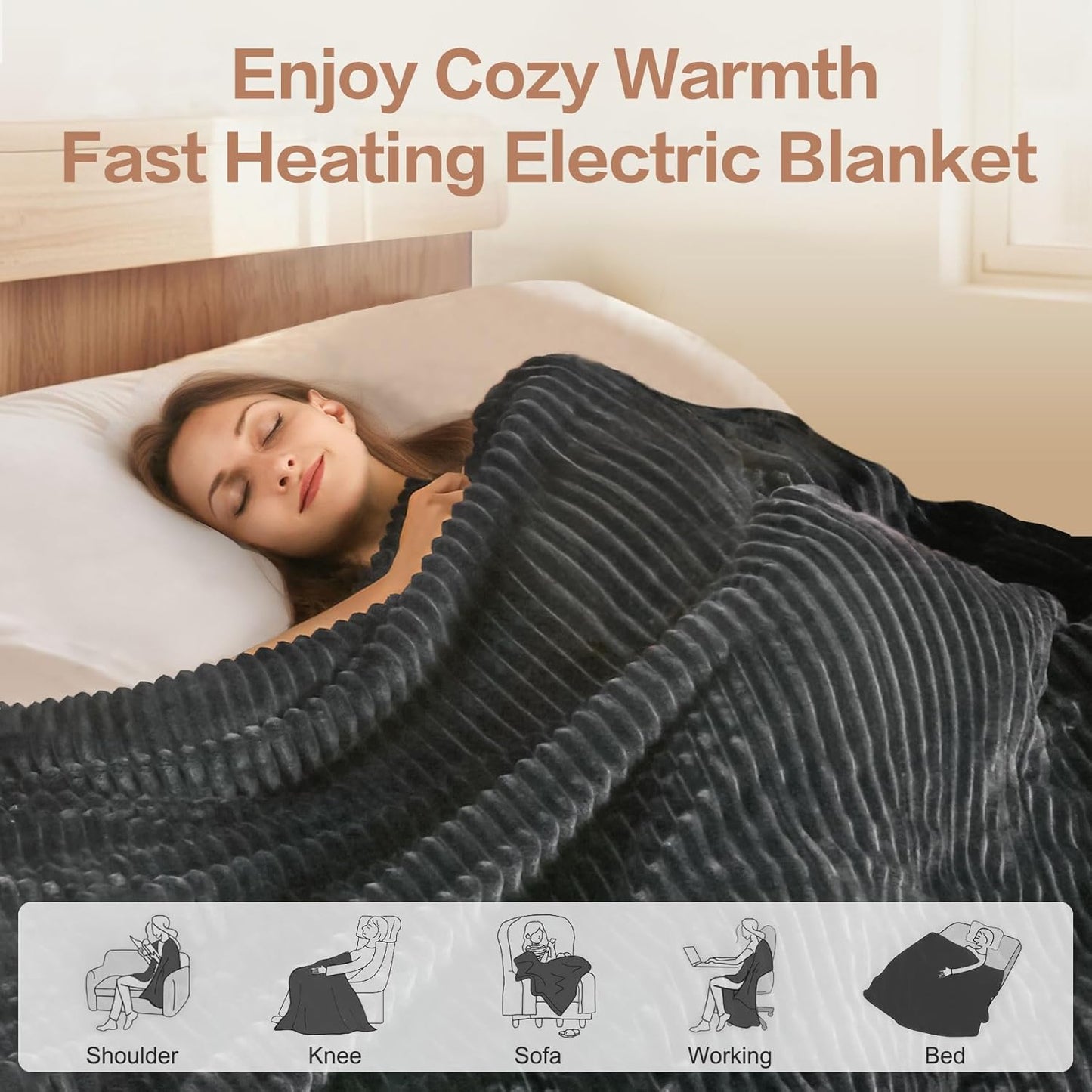 Tefici Heated Blanket Throw Electric Blanket Throw,50"x60" Heating Blanket, 6 Levels Fast Heating, 1-4 Hours Auto Off, Soft Flannel to Sherpa,Machine Washable, ETL&FCC Certified Grey