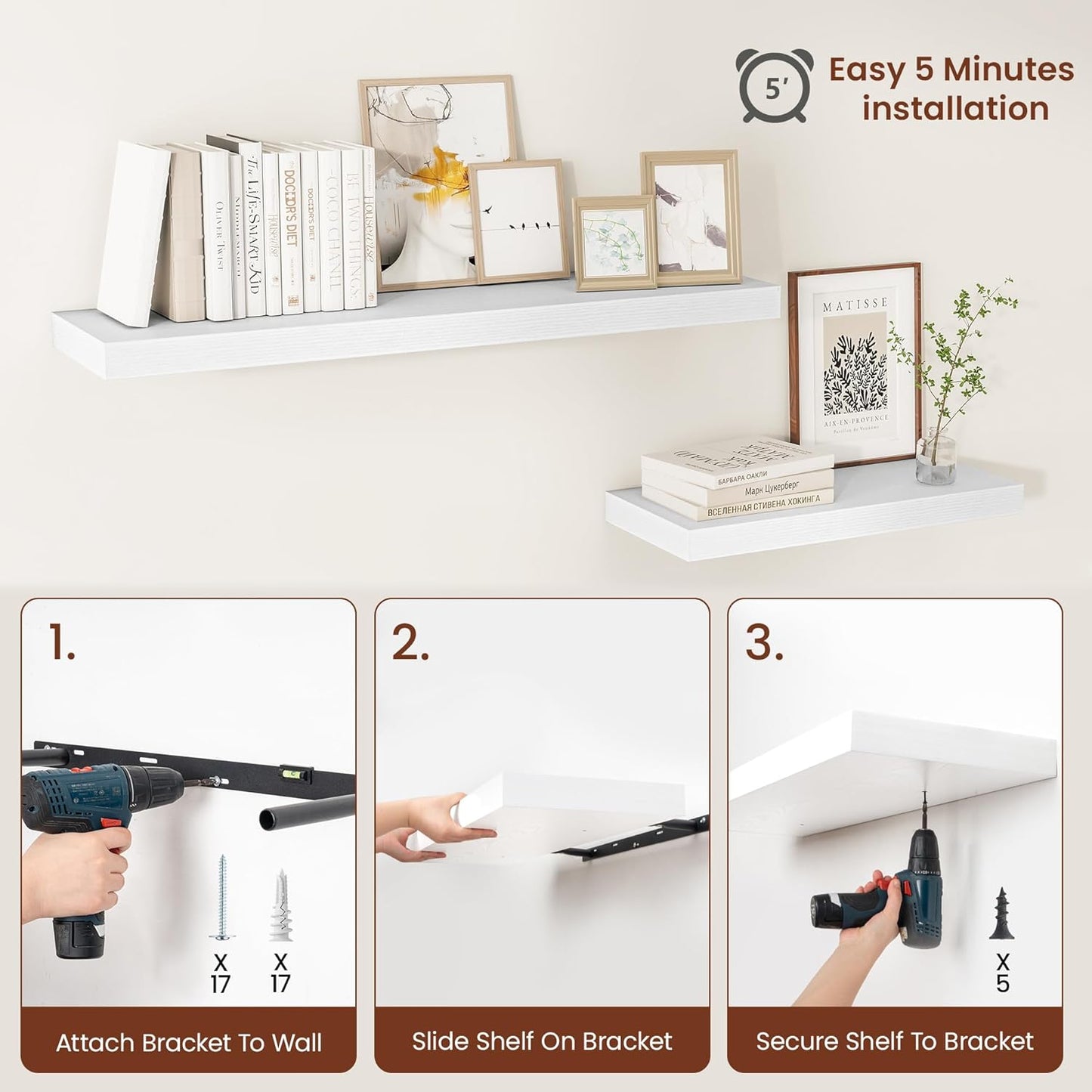 Vivelove 2" Thick Floating Shelves, 47.2 Inch X 12 Deep Shelves for Room Wall Mounted, Floating Shelf for Living Room Bedroom Bathroom Kitchen Laundry Room, Set of 2 White