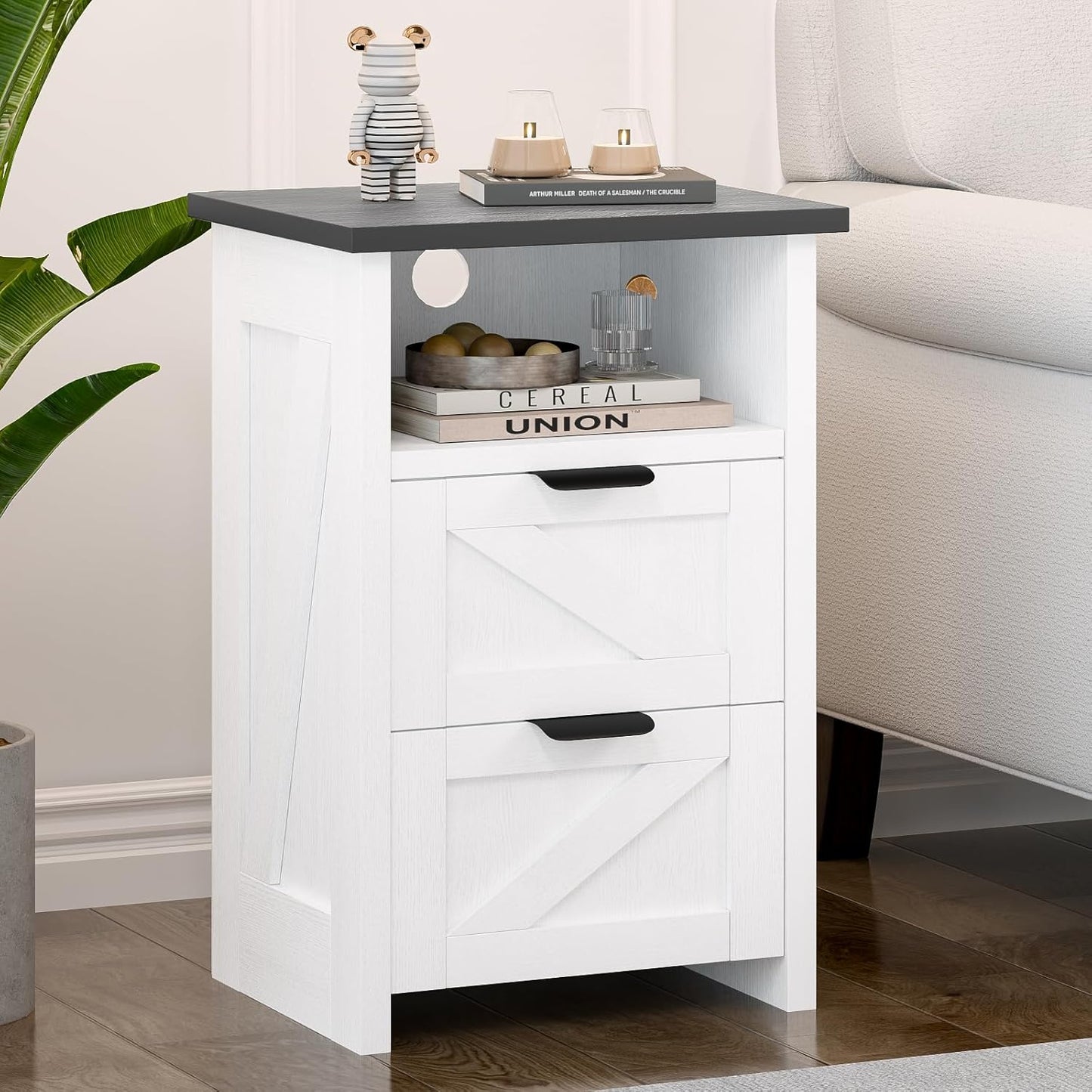 Farmhouse Nightstand, Rustic White Bedside Table with 2 Drawers and Storage Shelf, End Table for Bedroom, Living Room, Small Spaces, Set of 1