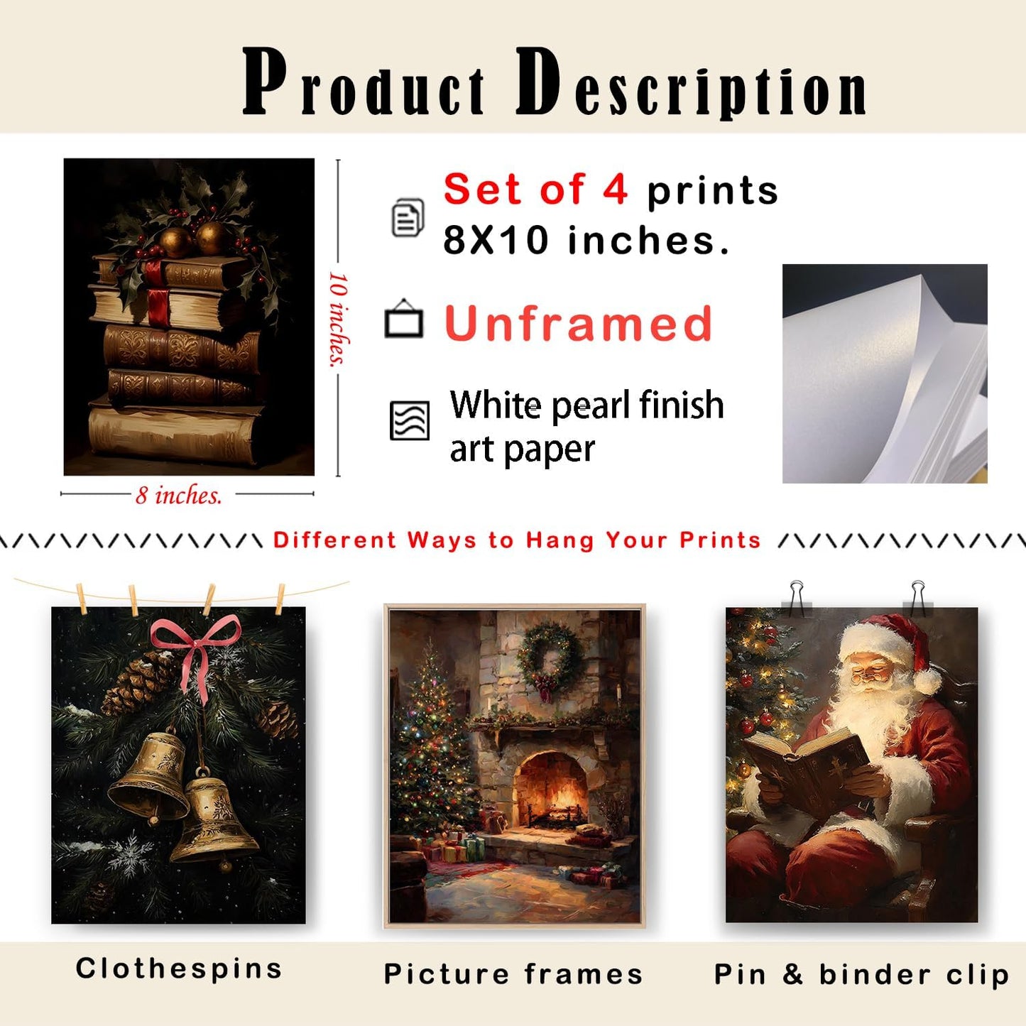 XUNLURY Dark Academia Christmas Wall Art Prints Unframed Set of 4, Vintage Christmas Wall Decor, Santa Book Cozy Fireplace Xmas Tree Bells Artwork Pictures for Home Library Reading Room Corner, 8x10