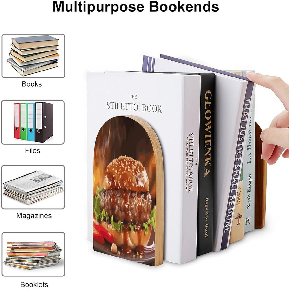 Non-Slip Bookend for Shelves Hamburger Steak Fast Food Wooden Bookends with Metal Base Decorative Book Stopper for Home Heavy Duty Wood Book Storage for Books/CDs