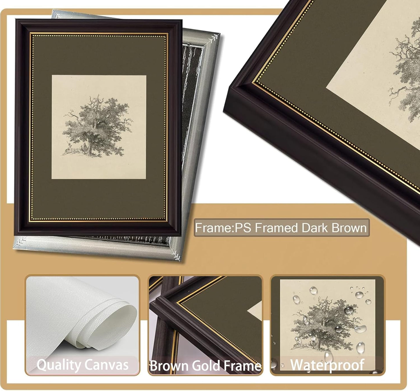 Myzoran Dark Brown Frame Vintage Tree Wall Art Prints, Farmhouse Tree Sketch Landscape Pictures Painting,Rustic Neutral Vintage Siege Green Artwork,for Bathroom Bedroom Gallery Home Decor(12" x 16")