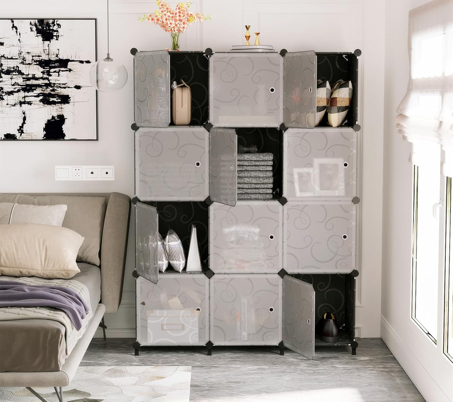 AWTATOS 12 Cube Storage Organizer with Doors, DIY Plastic Closet Shelf, Modular Bookshelf, Stackable Shelving Rack for Bedroom, Living Room, Black ULPZ012