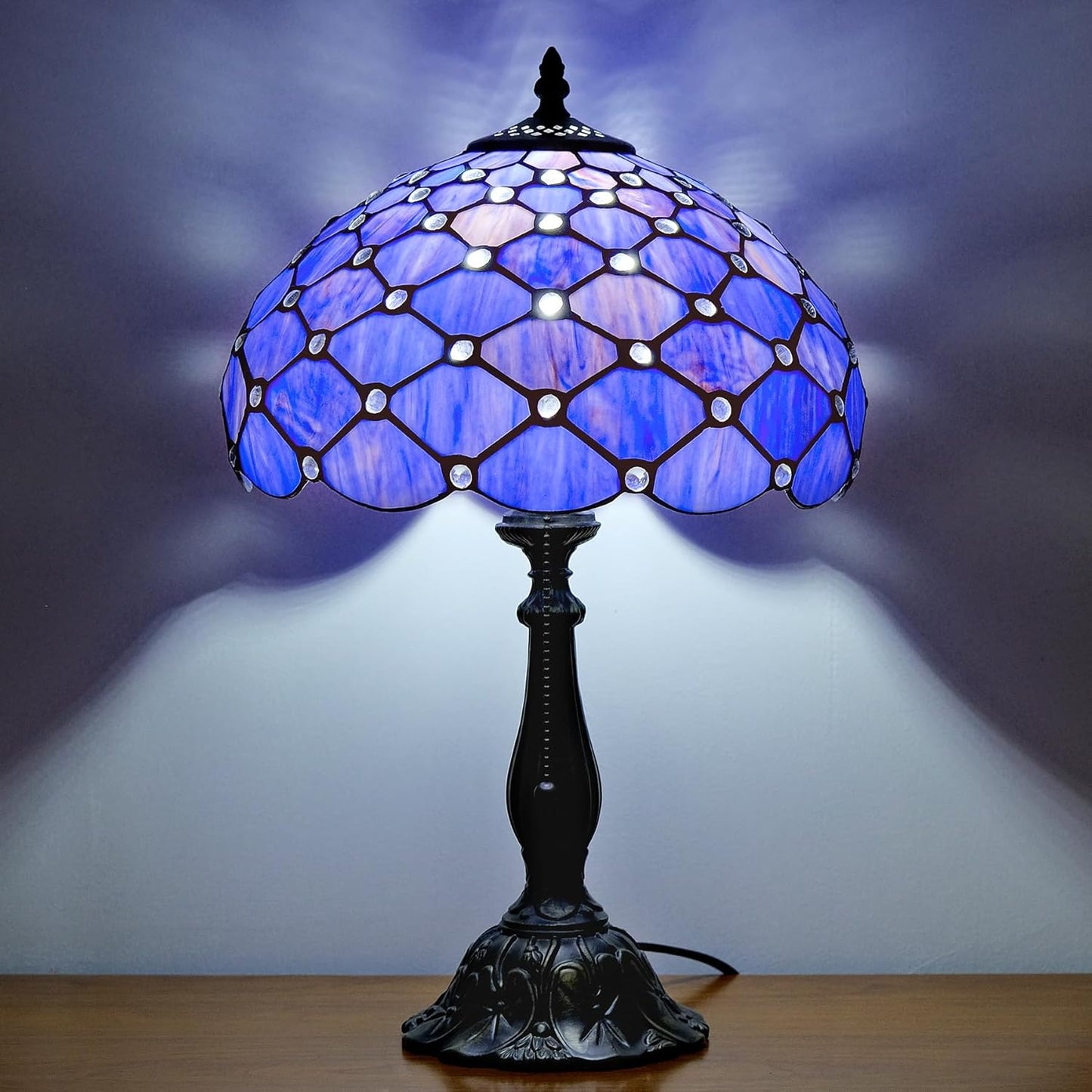 Tiffany Lamp Vintage Deep Blue Stained Glass Bead Table Lamp Desk Bedside Reading Light Decor Bedroom Living Room Home Office D12*H18 Inches