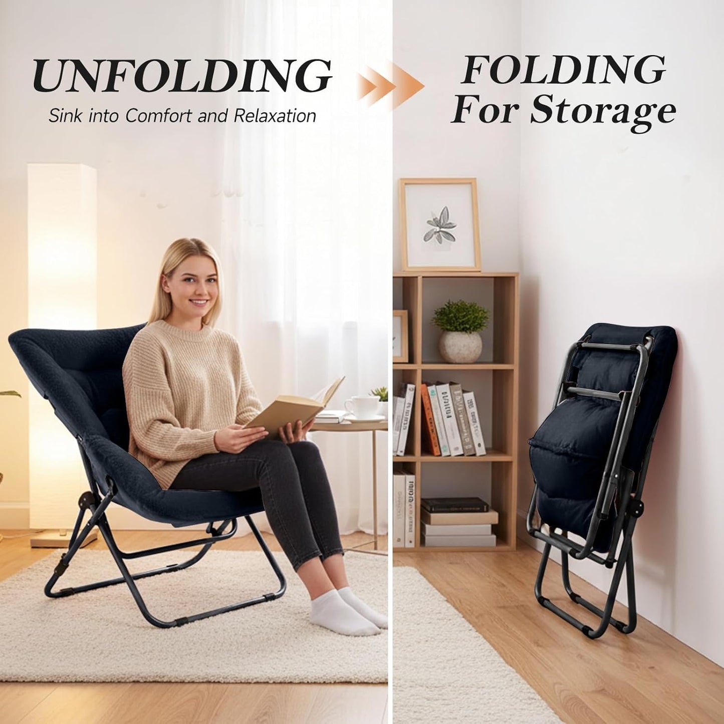 Saucer Chair with Ottoman, Comfy Doorm Chairs, Oversized Folding Faux Fur Chair, Foldable Metal Frame Chair for Bedroom, Living Room(Navy Blue)