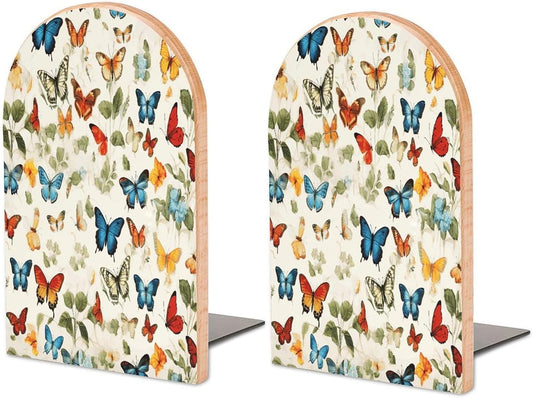 Vintage Butterfly Wooden Bookend Non-Slip Book Ends Heavy Duty Book Stopper with Metal Base Books Holderd Decorative Bookends Stands Firmly for Office Supplies
