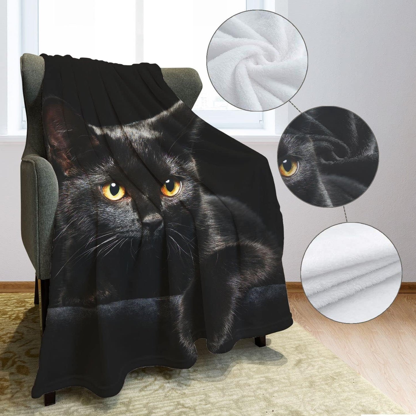 Black Cat Throw Blanket Modern Black Decorative Big Eyes Black Cat Fleece Blanket Soft Warm Cozy for Kids Adult Gifts 50"x60"