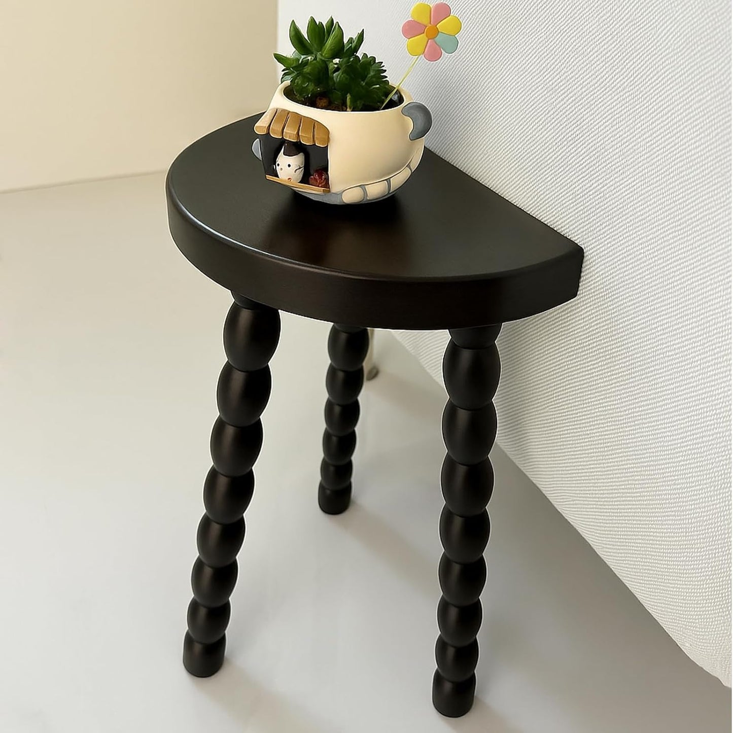 Wooden Bobbin Side Table - Plant Stand - Half Round Table - Wooden Accent Stool- Minimalist Decorative Table for Bedroom, Hallway, Living Room (1, Black)