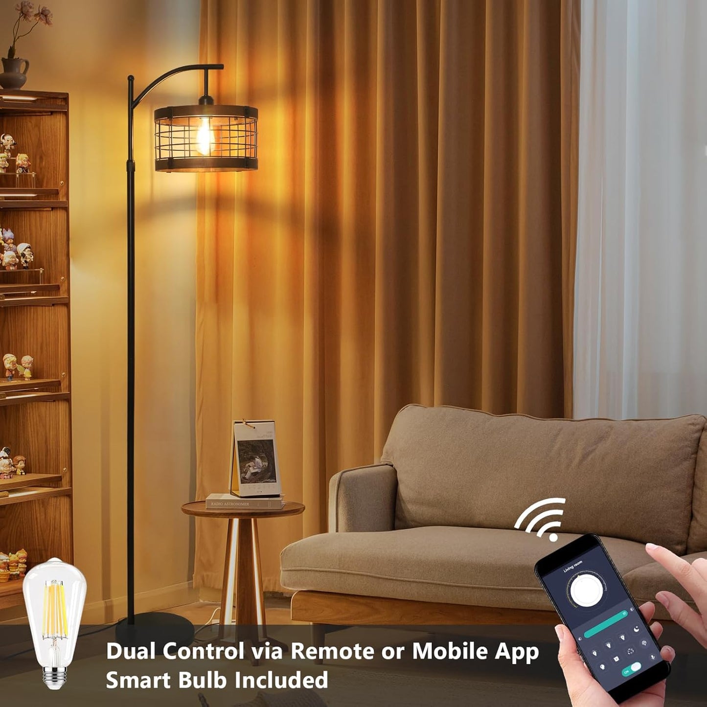 Arc Floor Lamp with Remote & Dimmable LED Bulb, Vintage Wood Floor Lamps for Living Room, Industrial Black Standing Lamp with 3 Color Temperature, Farmhouse Rustic Tall Lamp for Bedroom Office Corner