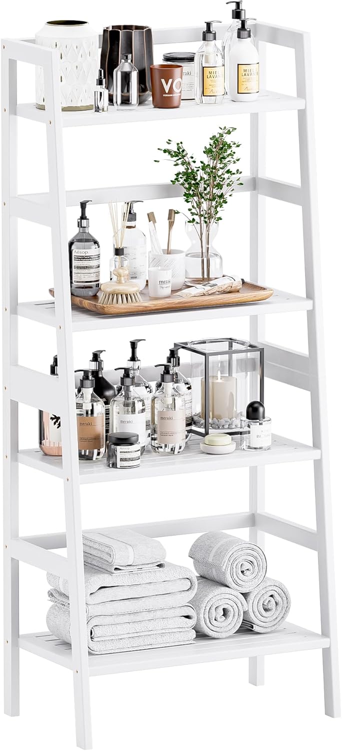 HITNET White Ladder Bookshelf, Leaning Bookcase, 4-Tier Bamboo Shelf, Floor Standing Storage Shelving Unit, Open Display Book Shelves