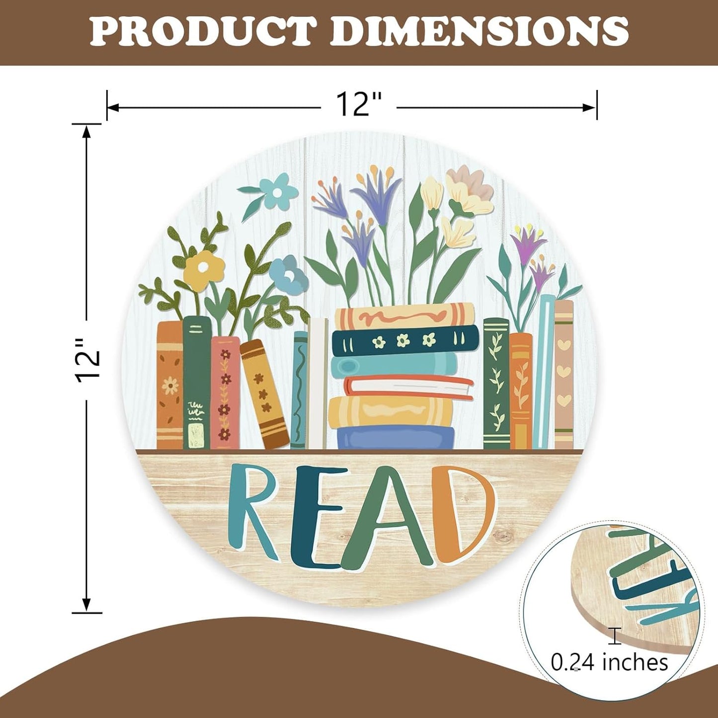 Reading Corner Read Books Floral Front Door Sign, Inspirational Library Wood Plaque Hanger School Classroom Study Decor, Wooden Wreath Wall Hanging Decoration Bookish Reader Book Lover Gift