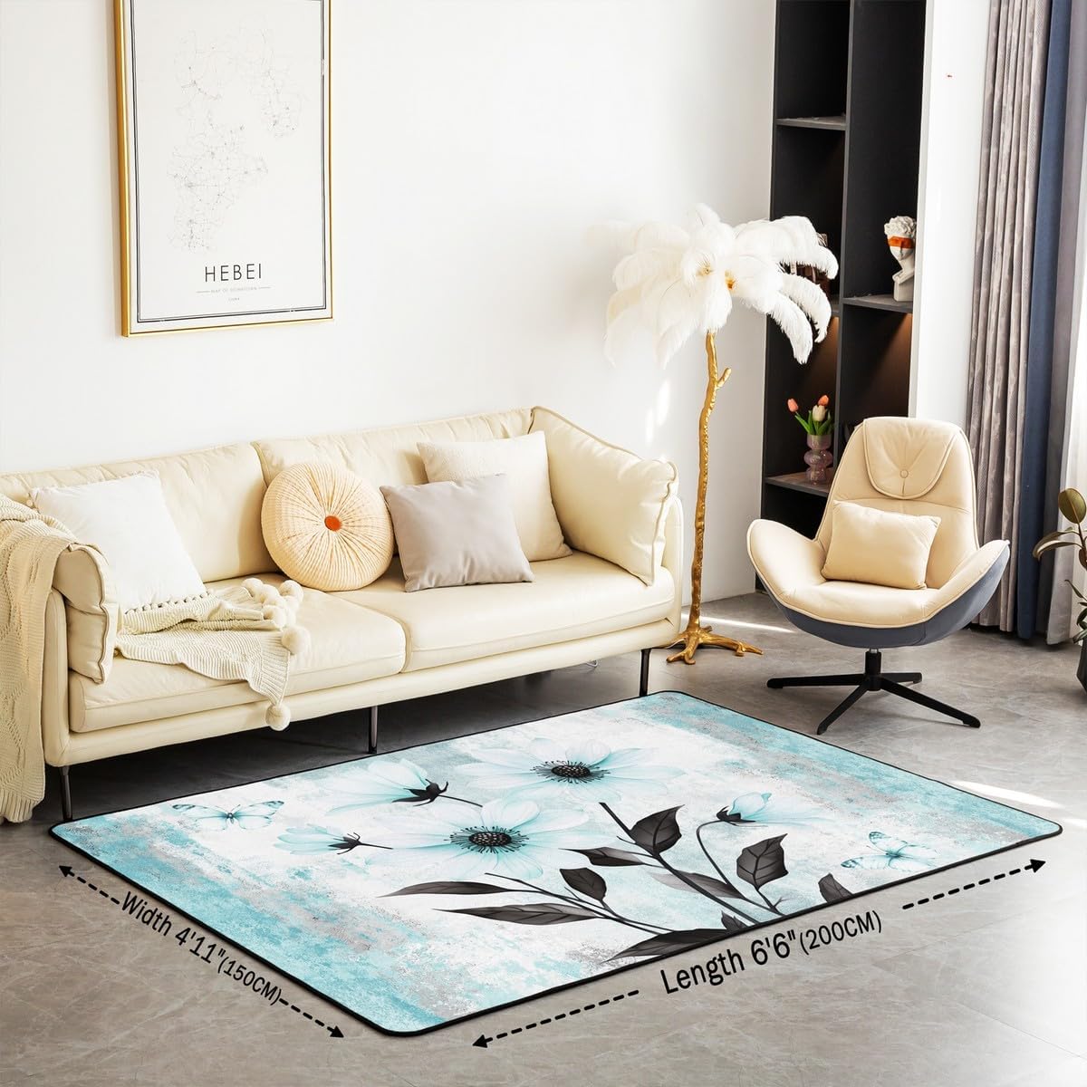 Turquoise Daisy Flower Area Rug 4'11" x 3'3" Spring Blossom Carpet Abstract Oil Painting Indoor Floor Mat Watercolor Floral Rustic Farmhouse Decorative Washable Rug Ombre Blue Grey Design for Adults