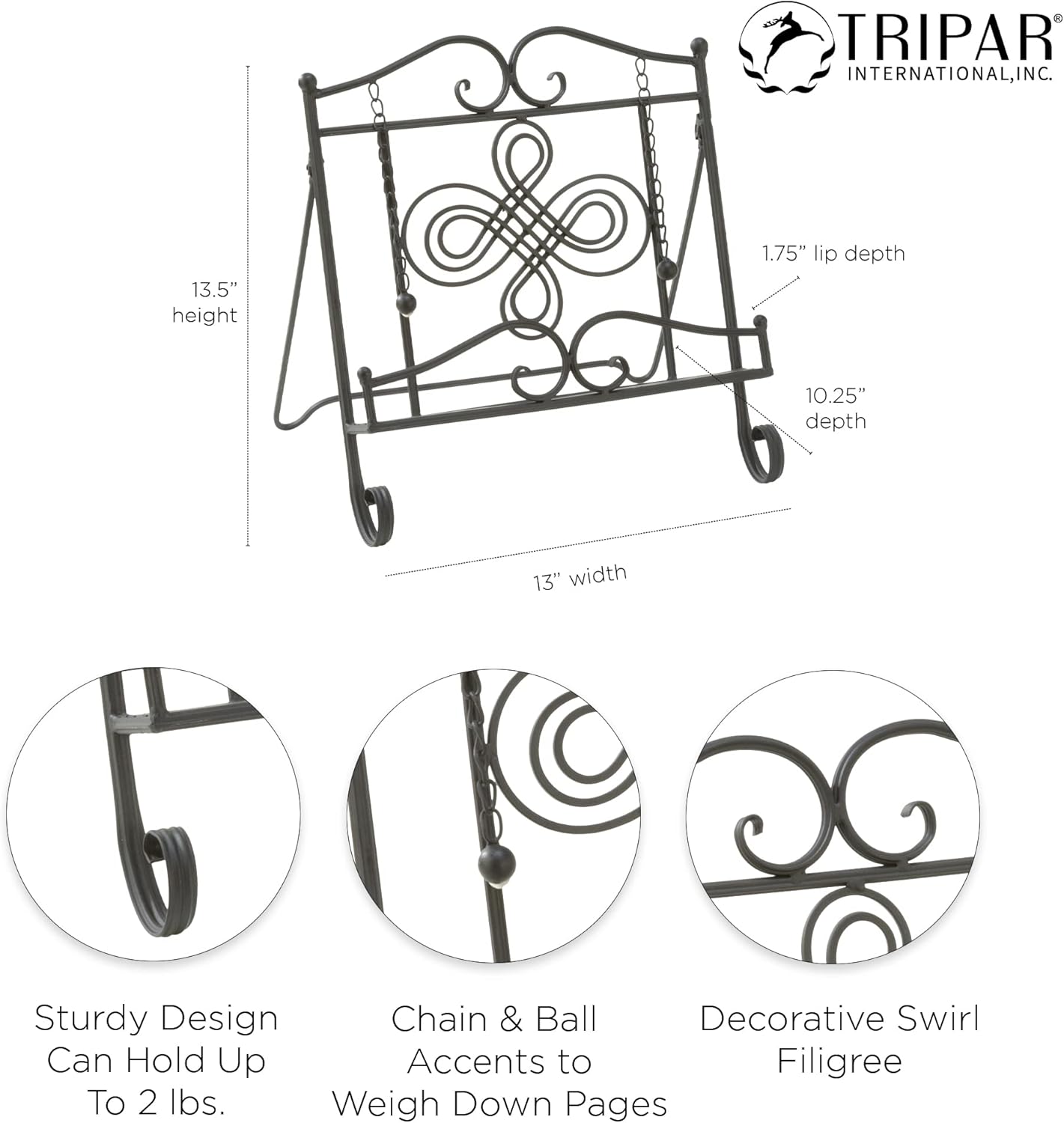 TRIPAR Swirl Design Black Metal Cookbook Stand for Cookbooks, Recipe Holders, Tablets, Catalogs, Portable, Adjustable, Free Standing