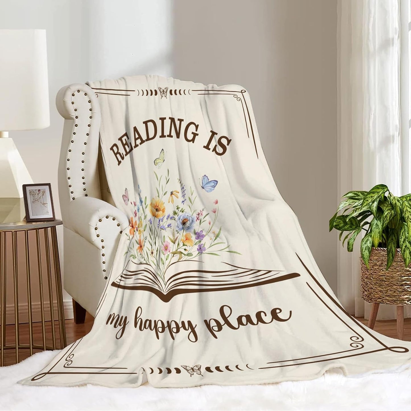 Book Lover Gifts for Women, Reading is My Happy Place Throw Blanket, Floral Book Butterfly Fleece Blanket for Reading Nook Couch, Cottagecore Librarian Teacher Gift 50x60 Inch