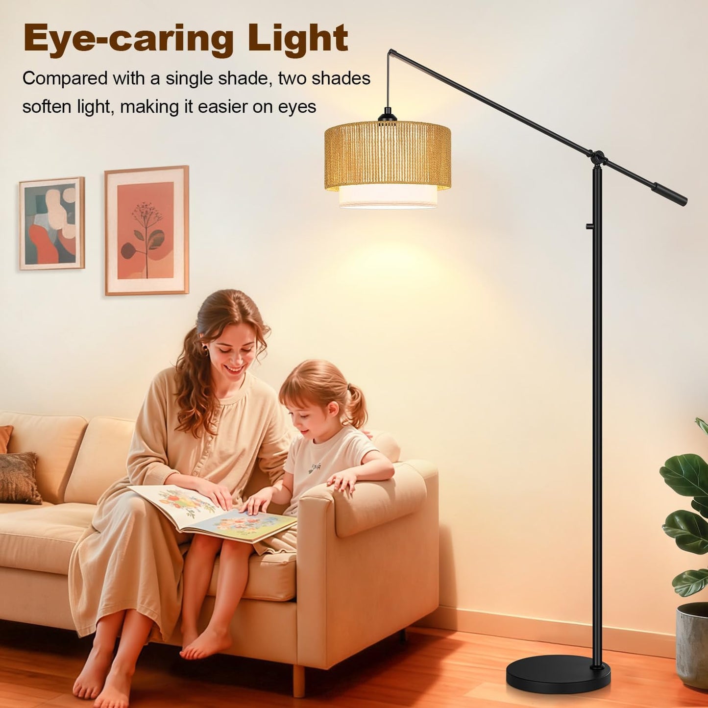 【Upgraded】Dimmable Boho Floor Lamp for Living Room, Modern Swing Arm Floor Lamp with Rattan & Fabric Shades, Black Rattan Standing Lamp with 11W Bulb, Farmhouse Adjustable Tall Lamp for Bedroom Office