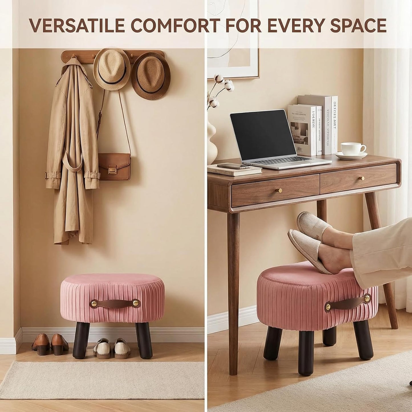 Small Footstool with Handle, Velvet Ottoman Foot Rest with Padded Seat, Curved Foot Stool with Wooden Legs, Portable Foot Rest for Living Room, Bedroom, Entryway, Pink