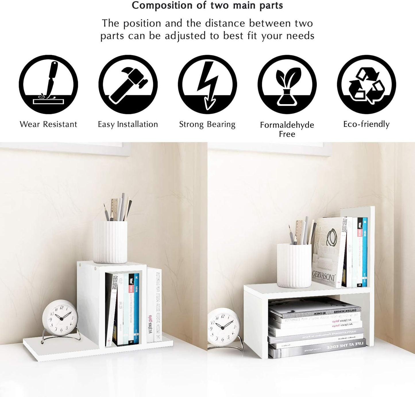 Jerry & Maggie - Desktop Organizer Office Storage Rack Adjustable Wood Display Shelf | Birthday Gifts - Toy - Home Decor | - Free Style Rotation Display - True Natural Stand Shelf (White)