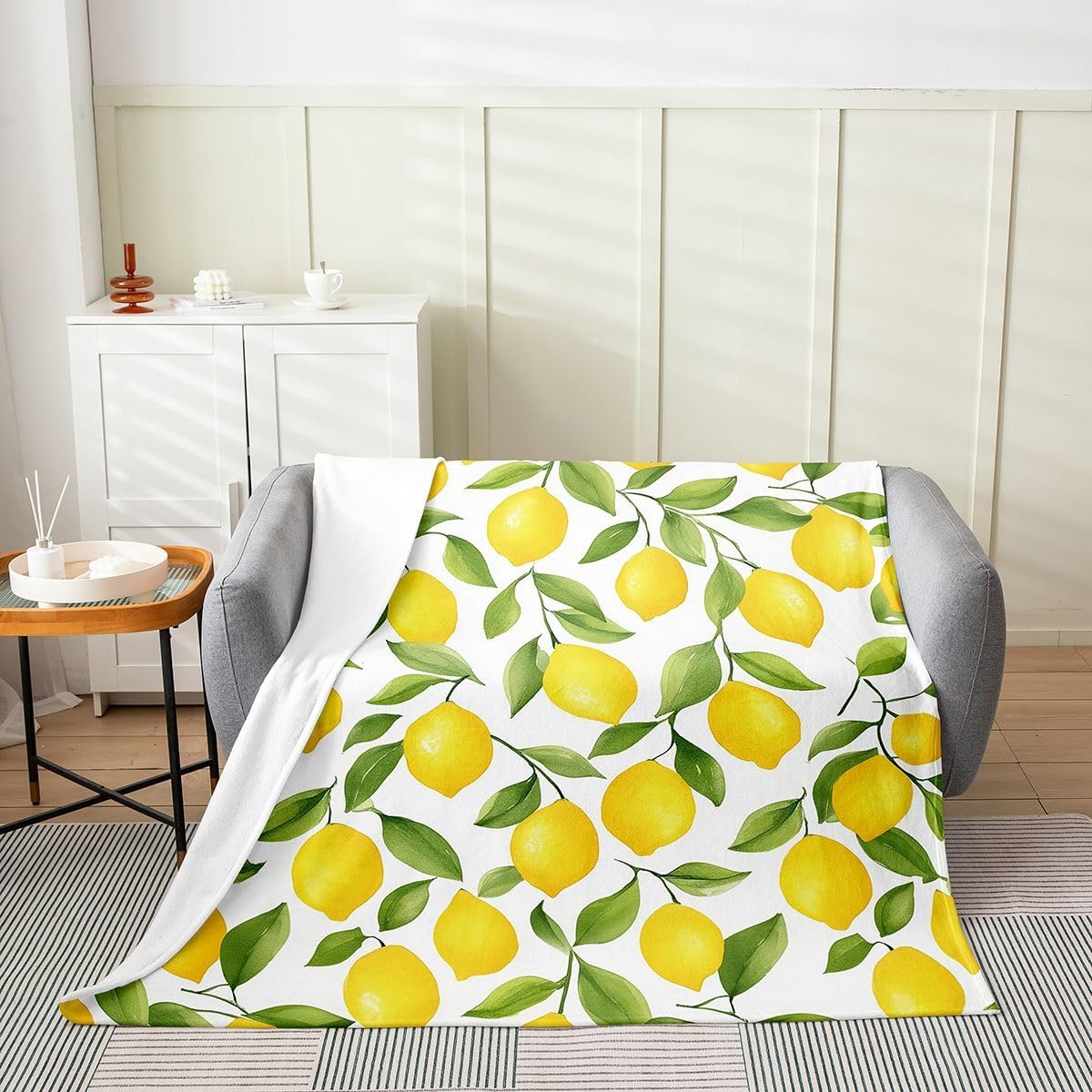 Erosebridal Lemon Throw Blanket Queen 90x90 inch,Hawaii Summer Tropical Fruit Fleece Blanket for Girls Kids,Botanical Green Leaves Flannel Blanket Warm,Farmhouse Yellow Lemons Bed Blanket Lightweight