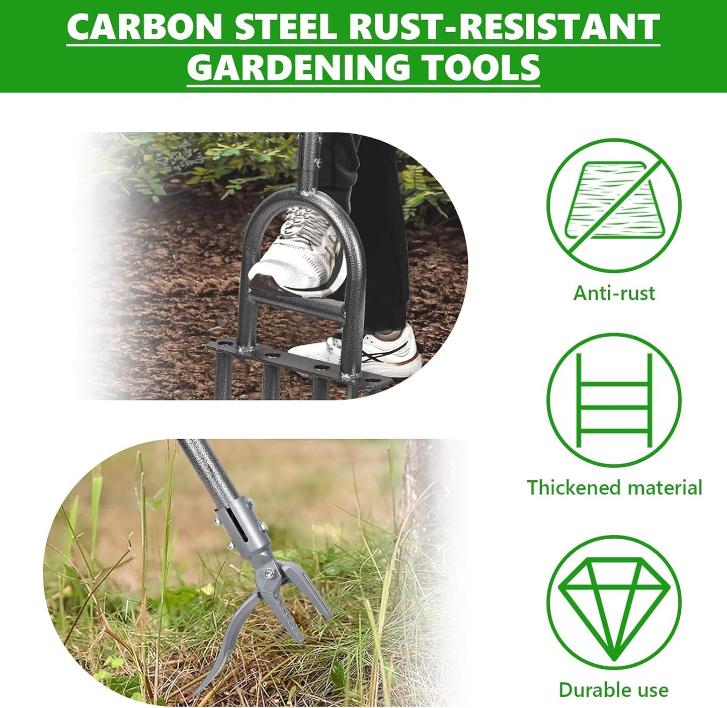 2-in-1 Lawn Aerator Tool - Adjustable Height with 4 Hollow Aeration Tines, High-Strength Anti-Rust Carbon Steel, Foot-Operated Weed Puller & Lawn Aerator for Garden Lawn Care & Compacted Soil Aeration