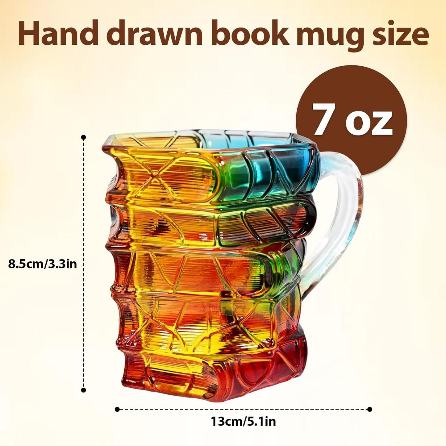Book Coffee Mug, 3D Stained Glass Book Mug - Stacked Book Design, 7oz Handmade Novelty Mug for Book Lovers, Readers & Writers, Unique Artistic Reading Gift for Women & Friends