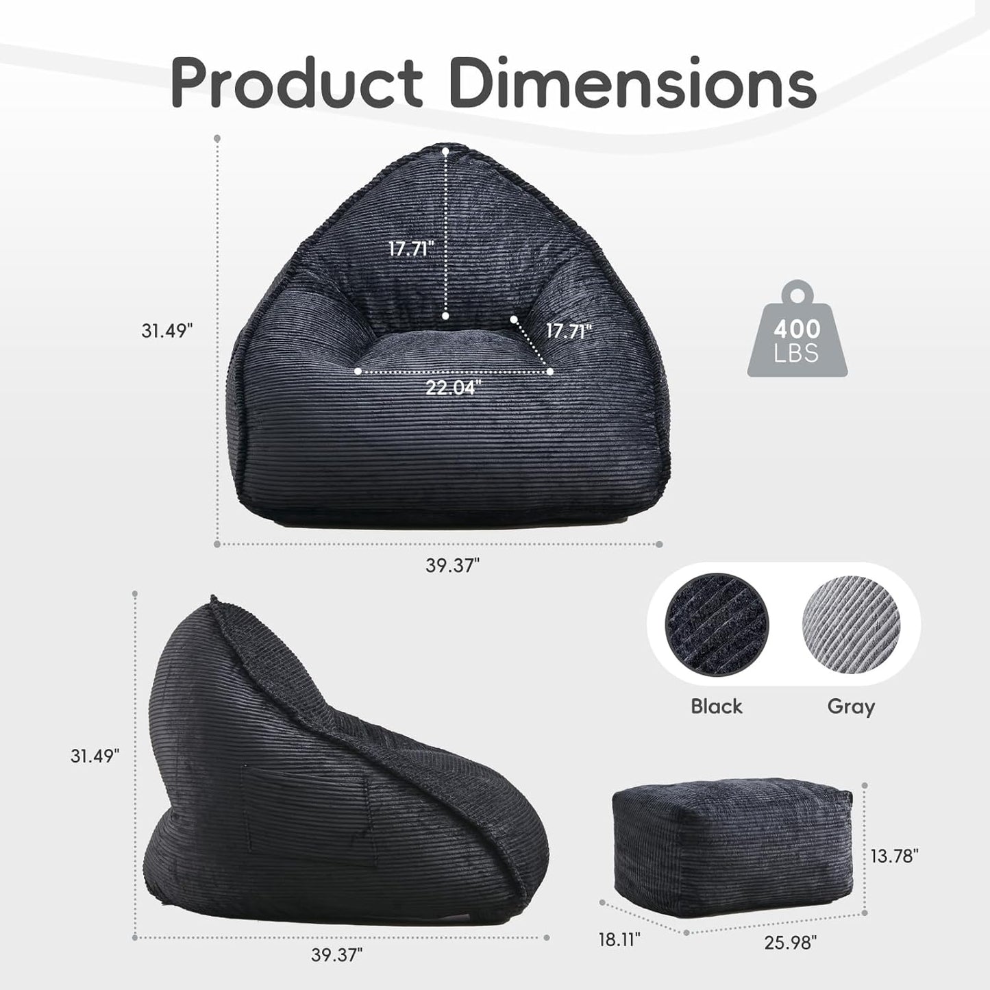 Bean Bag Chair with Ottoman for Adults, Large Corduroy Bean Bag Couch, Boneless Chaise Lounge Reading Chair with High-Resilience Foam, Floor Lounger for Bedroom Living Room (Black)