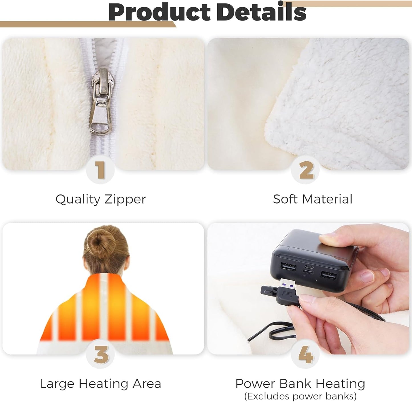 USB Heated Blanket for Keeping Warm, Cordless Wearable Throw with 3 Heat Levels, Battery Operated(No Power Bank Included) Shawl for Outdoor Use(Milk)