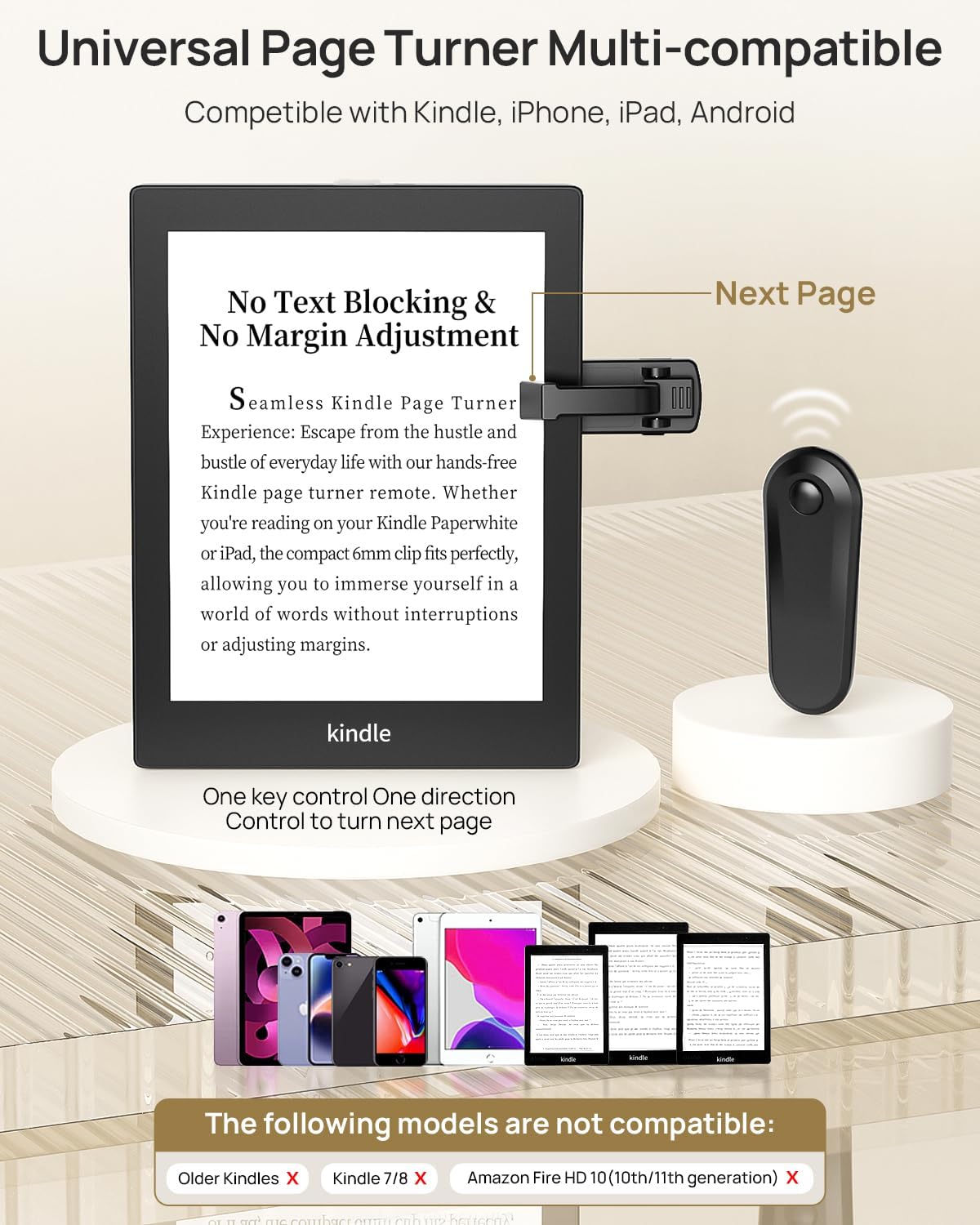Kindle Holder with Remote Page Turner – Kindle Stand with Remote Page Turner for Bed, Hands-Free Clip Mount, Easy-Adjust Steel Arm (Not Gooseneck), No Text Blocking