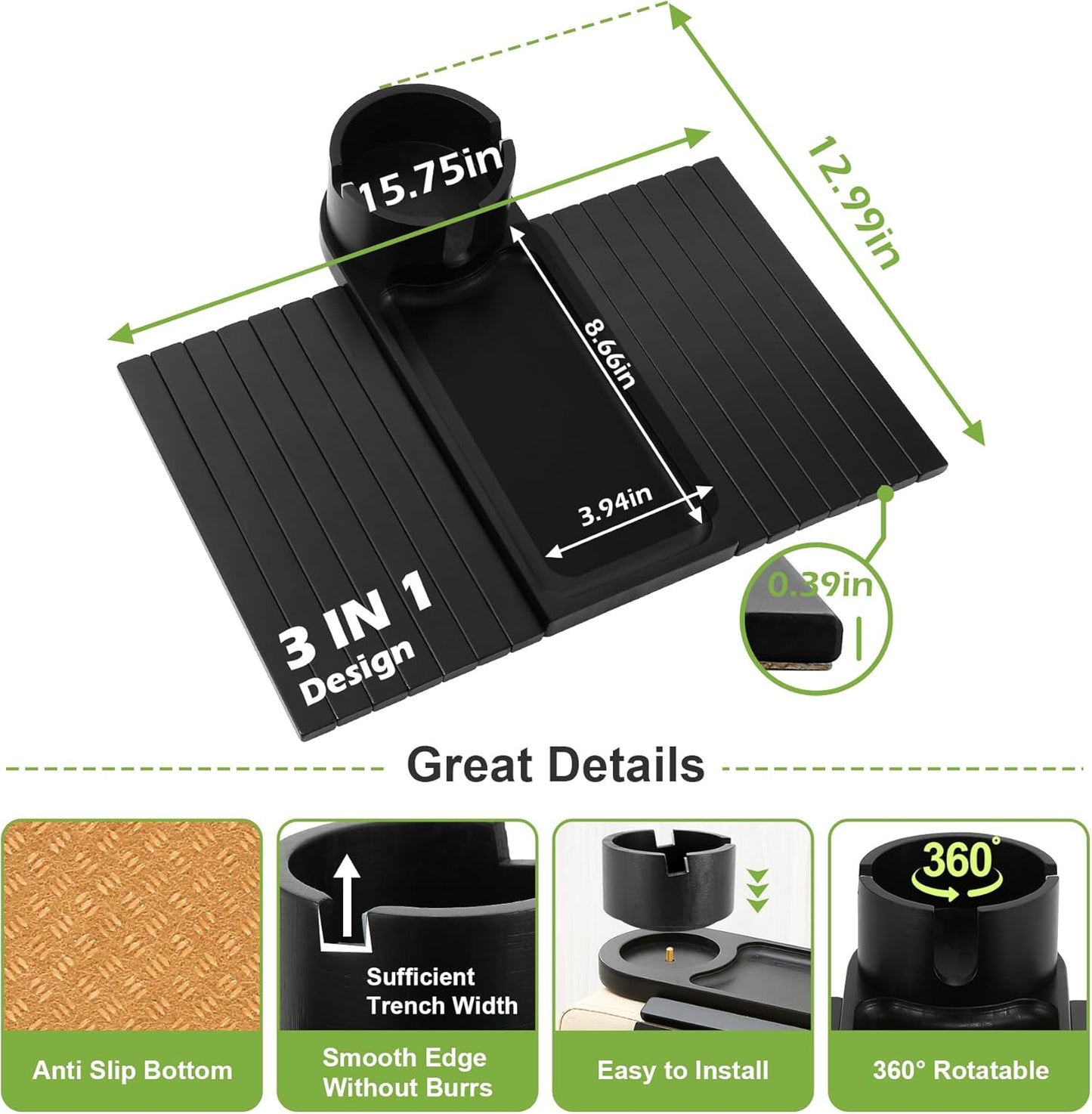 Couch Cup Holder,Bamboo Couch Arm Tray with 360° Rotating Cup Holder,Foldable Anti-Slip Sofa Arm Chair Tray for Eating Snack Drink Side Table