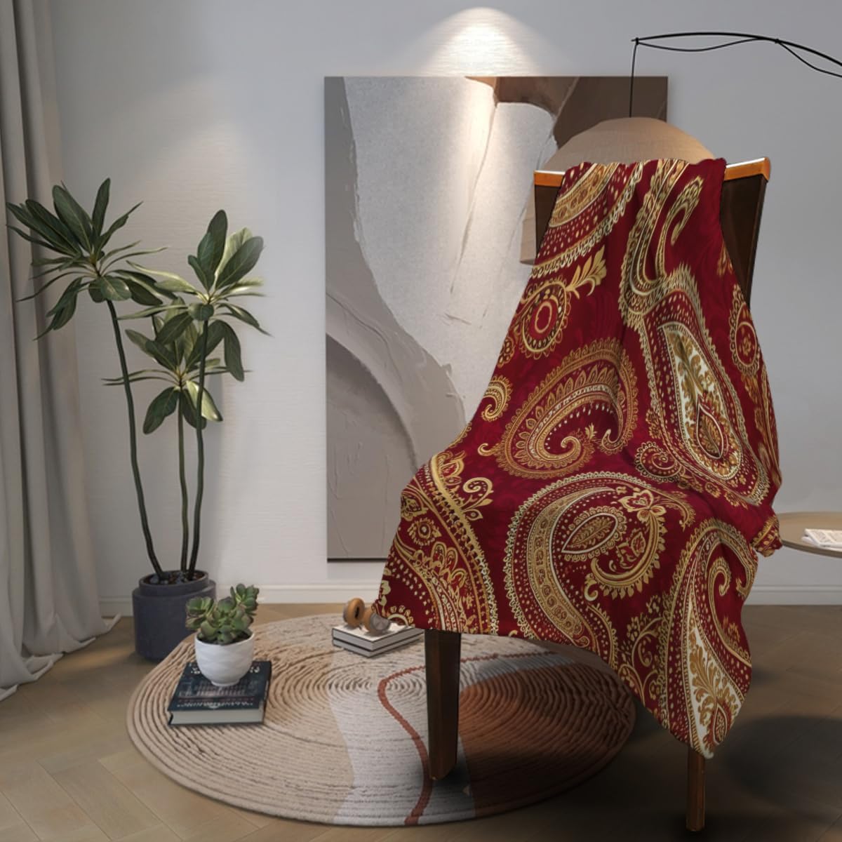 Soft Throw Blanket Burgundy Red and Gold Paisley Pattern Print Floral Paisly Design Lightweight Blanket for Beds, Sofas & Couches - All Seasons Home Décor