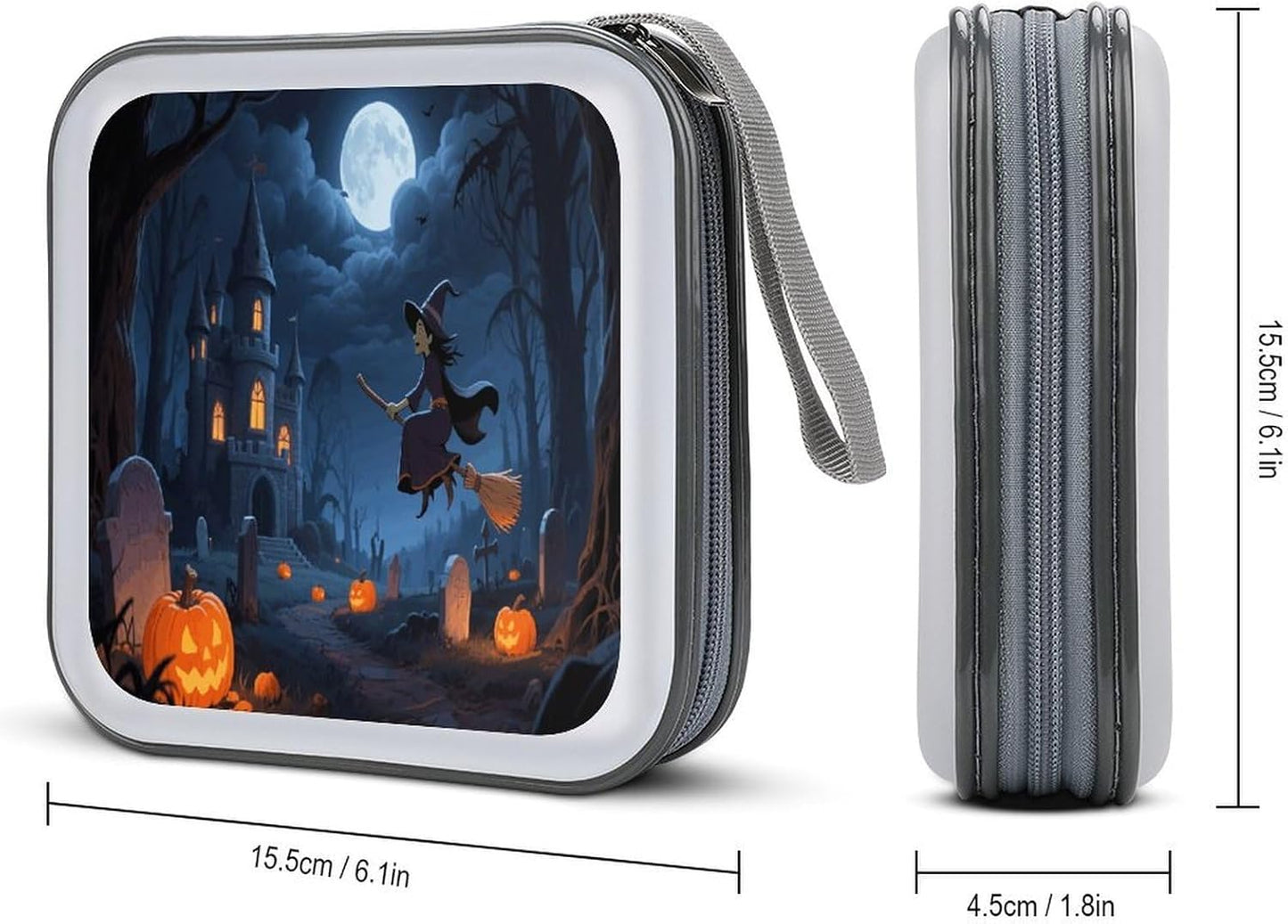 Orange Pumpkin Witch Scary Castle CD Case Portable Zipper CD Case 40 Capacity Hard Plastic DVD Cases Holder Large Storage Disc Wallet Bag for Car Home Travel DVD Collection Bag