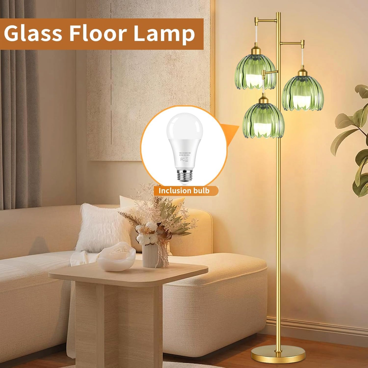 Gold Floor Lamps for Living Room Bedroom-3 Light Glass Floor Lamp with Three Led Bulb, Rustic Tall Floor Lamp Gold Standing Lamp Tree Floor Lamps for Living Room Bedroom,Office,Corner