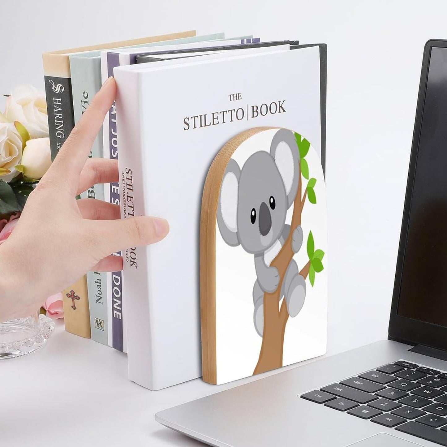 Hugging Tree Koala Wooden Bookend Non-Slip Book Ends Heavy Duty Book Stopper with Metal Base Books Holderd Decorative Bookends Stands Firmly for Office Supplies