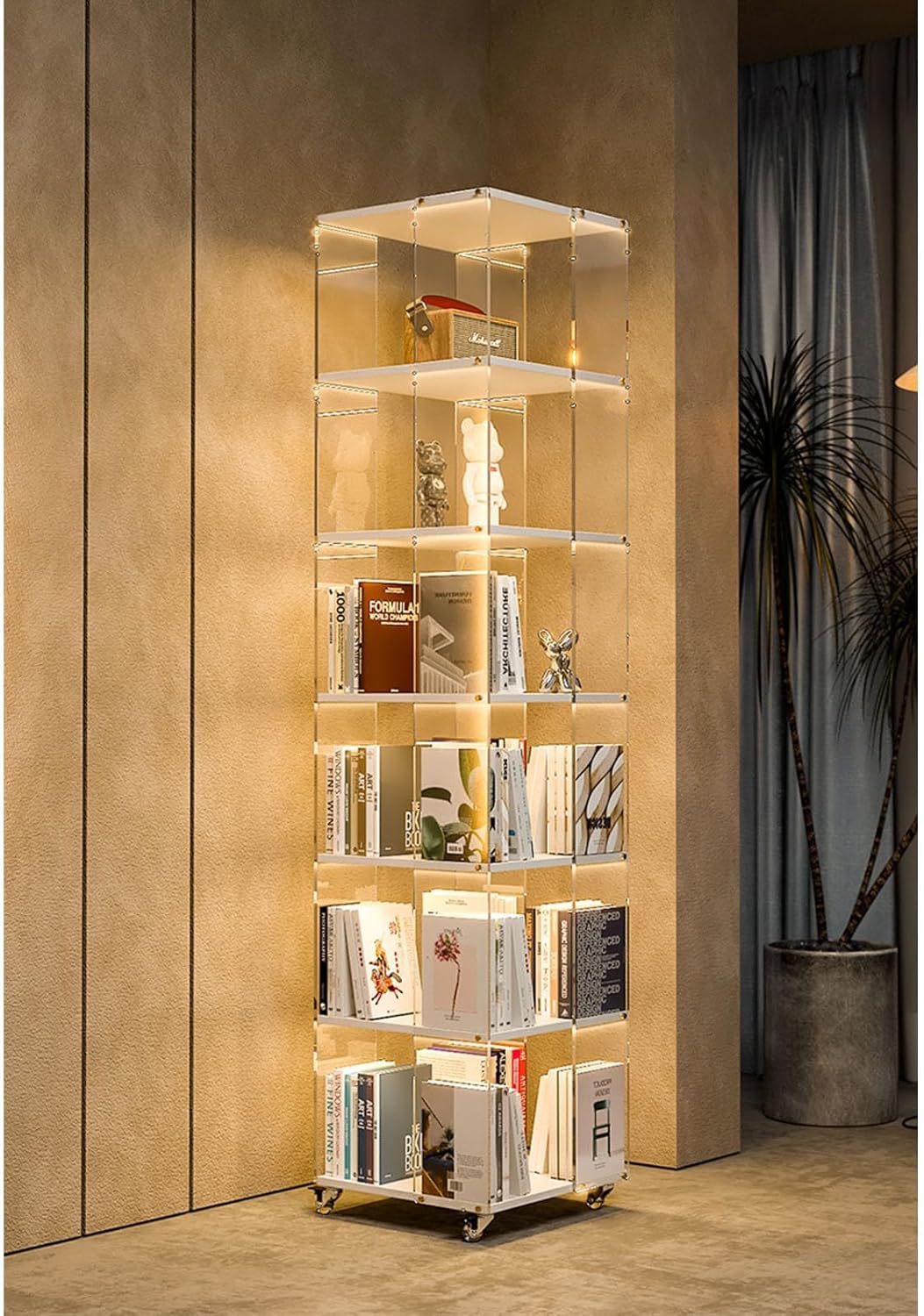 3/4/5/6 Tier Rolling Bookcase Rotating Bookshelf Tower 360 Degree Revolving Bookcase Transparent Acrylic Freestanding Spinning Bookshelf With Wheels 360° Spinning Bookshelf Tower For Bedroom,Living Ro