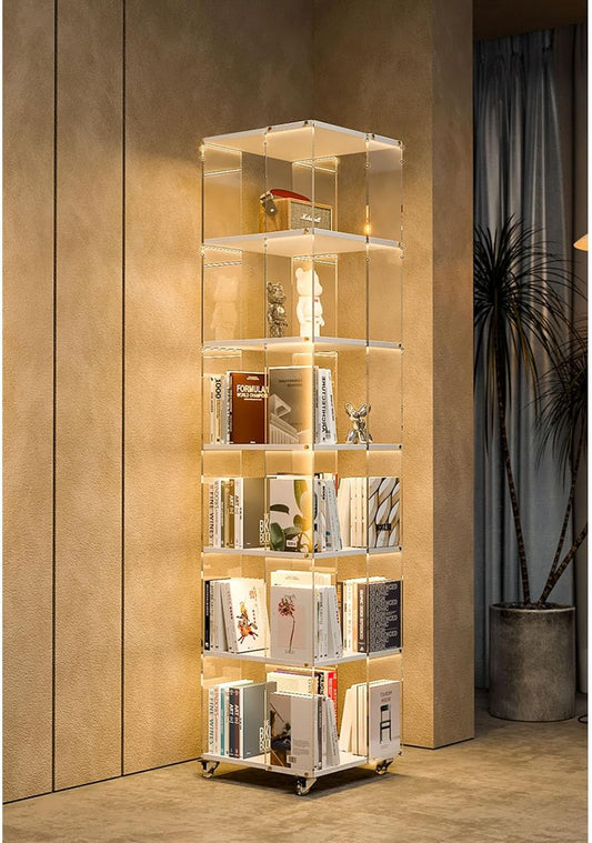 3/4/5/6 Tier Rolling Bookcase Rotating Bookshelf Tower 360 Degree Revolving Bookcase Transparent Acrylic Freestanding Spinning Bookshelf With Wheels 360° Spinning Bookshelf Tower For Bedroom,Living Ro