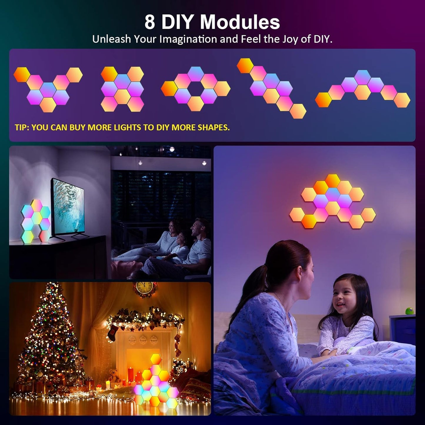 OJQ 8 Pack Hexagon Lights Wall RGB Panel - Hexagonal Led Lights Room Decor Wall Lights Gifts for Men/Women Honeycomb Shape Panels Hexagon Gaming Led Lights for Bedroom Children