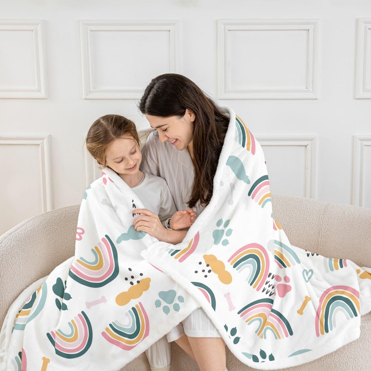 Girls Rainbow Throw Blanket,Cartoon Dog Paw Print Cloud Bones Pattern Blankets for Kids Boys Teens Room Decor,Lovely Pet Animal Theme Fleece Blanket Pink Blue White Sherpa Blanket