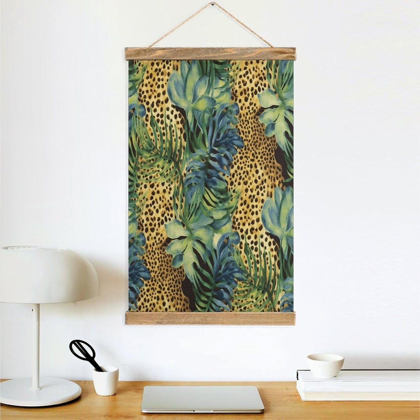 Vintage Print Animal Leopard Print Jungle Poster with Wooden Frame Personalized Linen Hanging Scroll Painting Rustic Wall Hanging Illustrative Modern Artwork Decor for Home Living Room Bedroom Office
