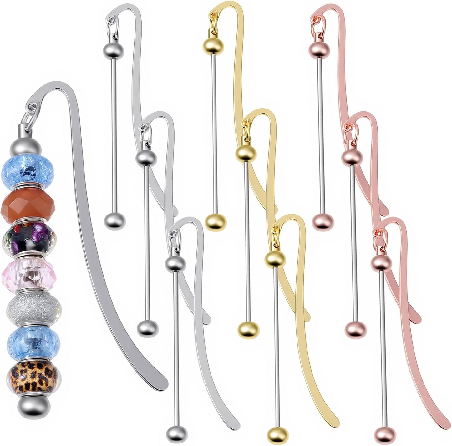 9 Pack Beadable Metal Bookmark, DIY Metal Blank Bar Bookmark, Custom Bookmarks for Beads Jewelry Pendants Charms Beading Marks Craft Book Lovers Office Supplies (Silver, Gold, Rose Gold)