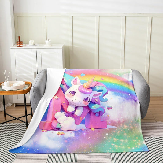 Kawaii Unicorn Kids Flannel Blanket,Shiny Stars Rainbow Cartoon Animal Throw Blanket,Alphabet 3D Initial Letter M Cozy Throws for Bed Couch Sofa,Chic Soft and Breathable,Throw Size (50 x 60 Inches)