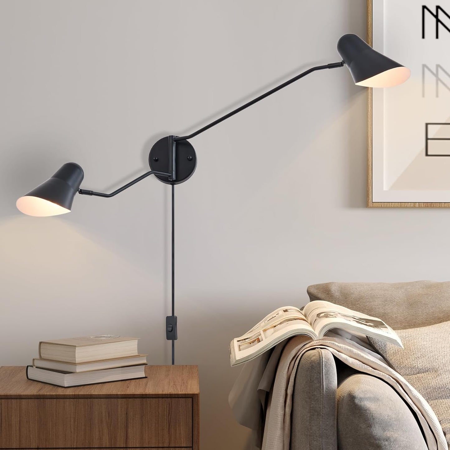 Modern 2-Lights Swing Arm Wall Sconces Black Plug in Wall Light 180° Rotatable Wall Mount Lamp with ON/Off Cord for Bedroom, Living Room, E26 Base