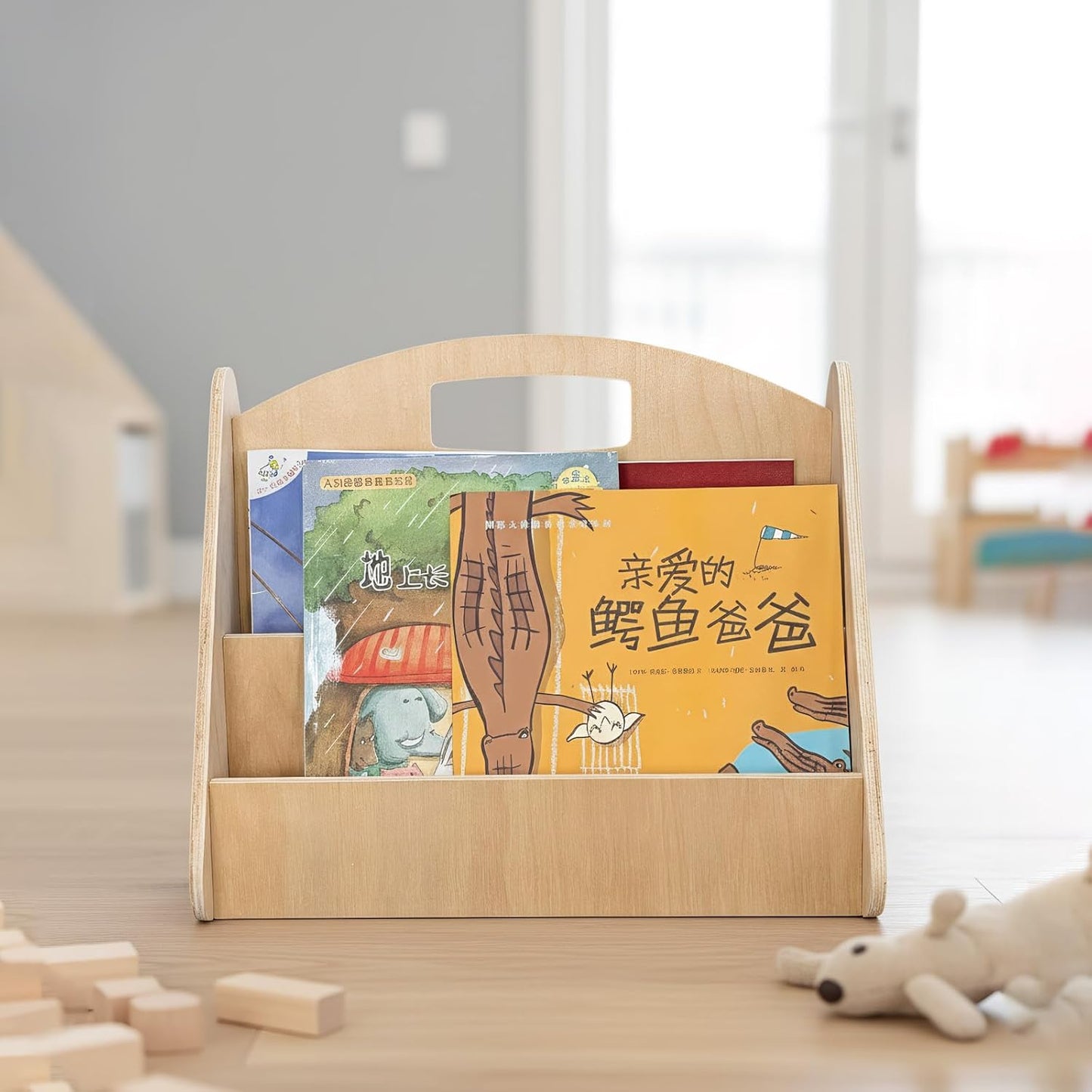 HANVOWS Wooden Bookshelf with Handle for Kids Rooms Double-Sided with 4 Tier Deep Easy Install Montessori Book Shelf for Baby's Bedroom or Playroom Decor