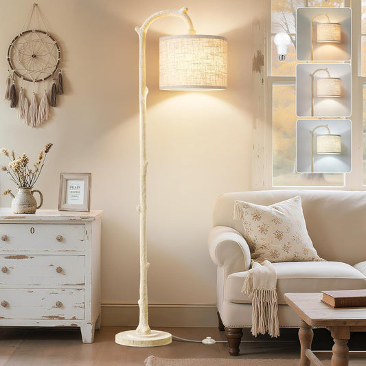 Floor Lamp for Living Room - 69" Rustic Farmhouse Tall Lamp with Adjustable Color Temperatures- Country Resin Vintage Reading Light Standing Lamps for Bedroom Office Home Decor, Almond White