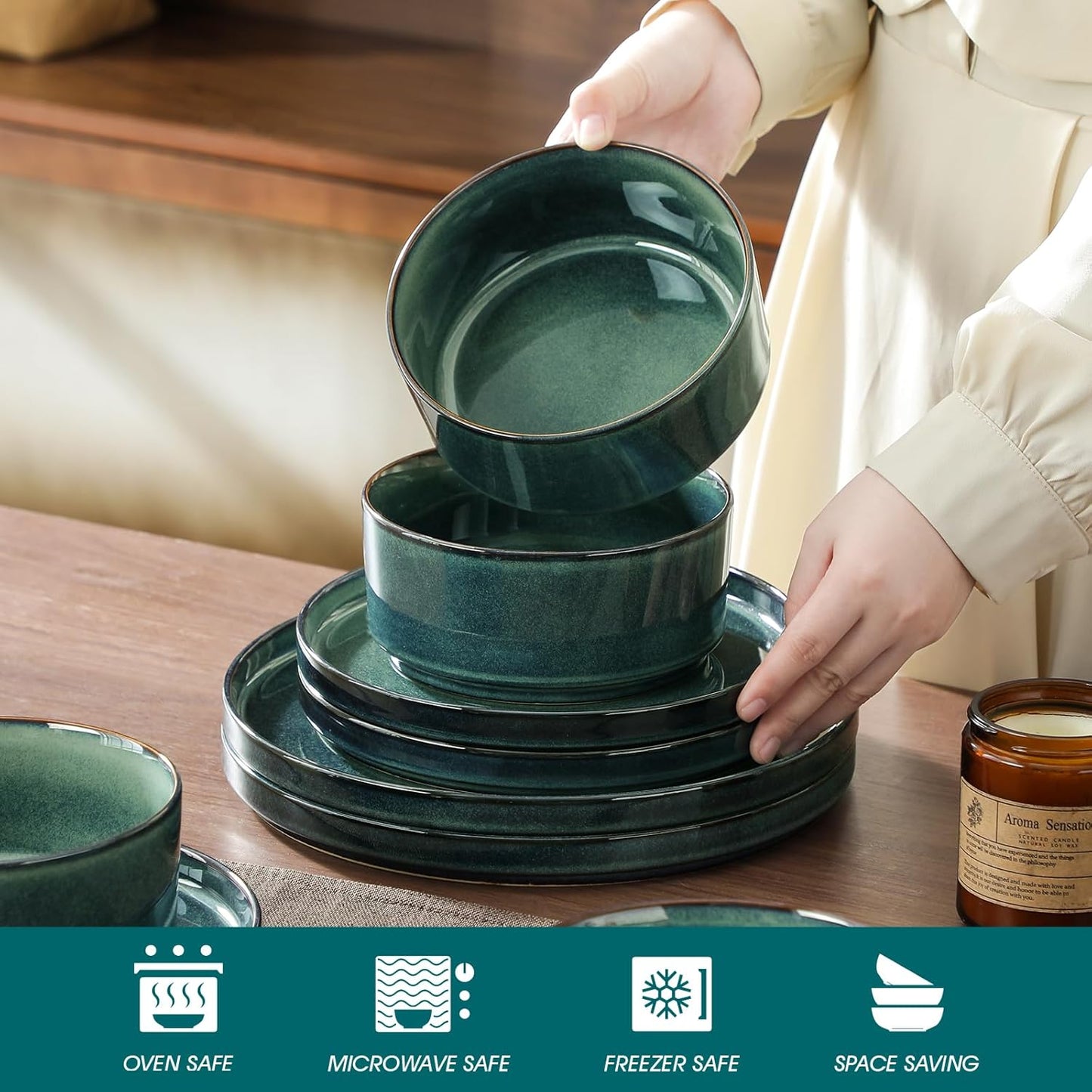 vancasso Starry Plates and Bowls Sets for 8, 24 Pieces Green Dinnerware Sets for Kitchen, Modern Stoneware Dishes Set, Dishwasher and Microwave Safe
