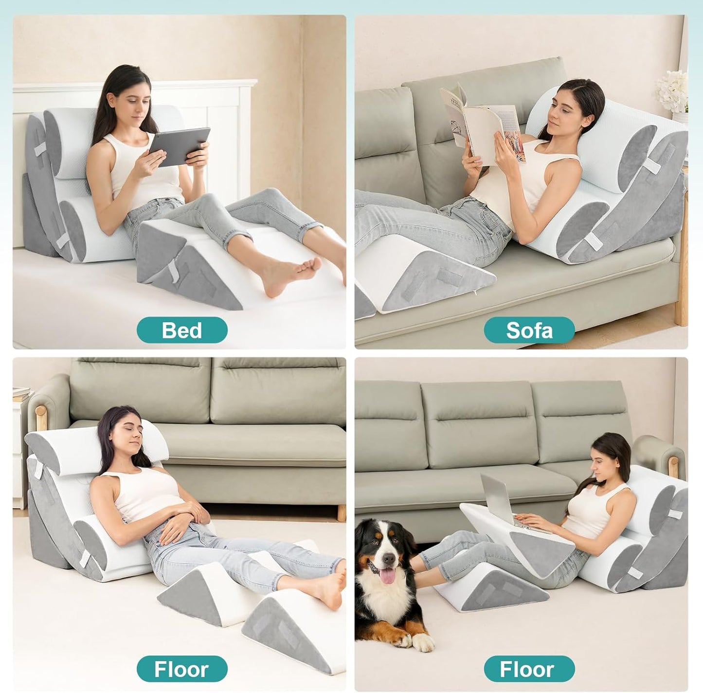 Hansleep Bed Wedge Pillow Set for After Surgery 6PCS, Post Surgery Pillow for Sleep Apnea and Acid Reflux Relief, Adjustable Reading Pillows Back Support with Memory Foam, White, 23"