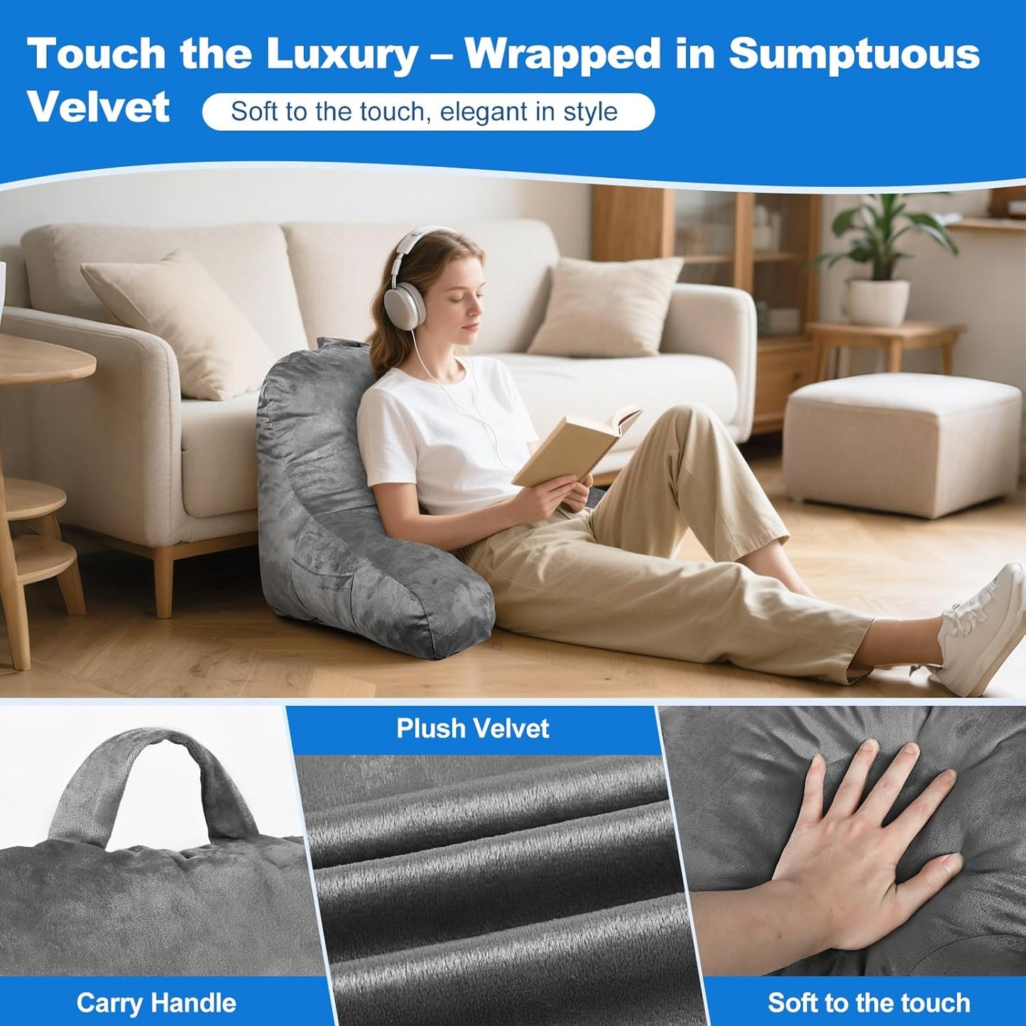 Reading Pillow Premium Backrest Support for Bed, Couch & Floor, Back & Arm Support Reading Pillow for Adults & Teens – Washable Cover, Grey